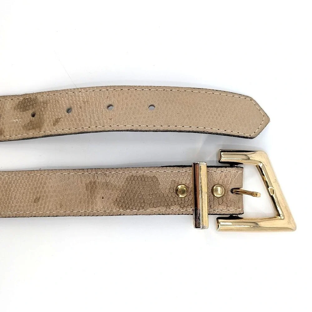 Tan Faux Snakeskin Belt Gold Angular Buckle Camo Print Textured Strap‎ 35in